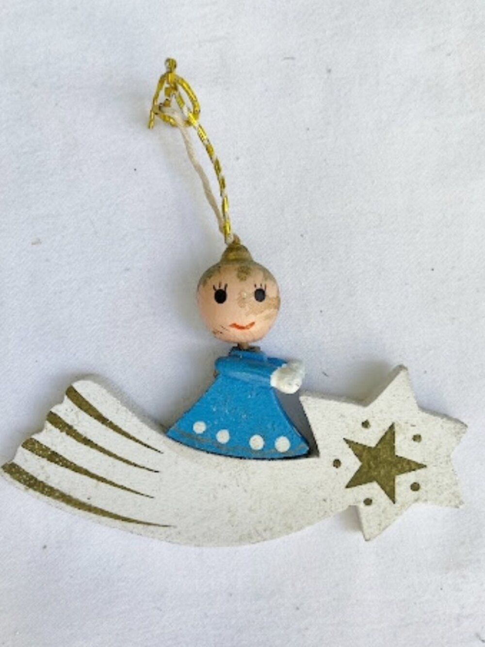 Vintage Wooden Angel on Shooting Star Ornament - 4.5" MCM German Style Folk Art